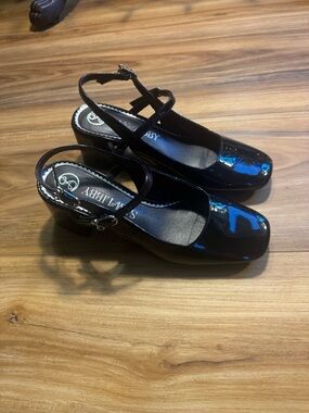 Sam & Libby Black Patent Mary Jane Slingback Heels with Cross Strap